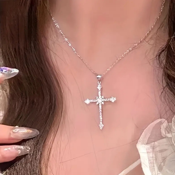 NEW Sparkling Rhinestone Cross Silver Necklace - Picture 3 of 8